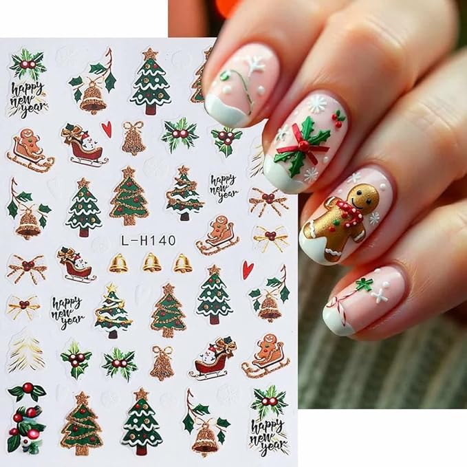 Christmas Nail Art Stickers Decals Santa Claus Christmas Tree 3D Self-Adhesive Xmas Nail Decals Nail Art Supplies 6PCS Gingerbread Man Bell Elk Penguins Design Holiday Nail Stickers for Women Girls