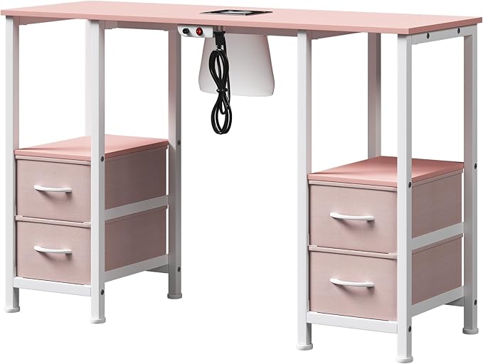 Manicure Table for Nail Tech, Nail Tech Table Station w/4 Storage Drawers & 2 Open Shelves, Nail Table w/Dust Collector for Beauty Salon Tech Station (Pink)