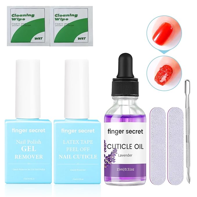 Nail Polish Gel Remover Kit- Professional Manicure Essential. Includes Latex Tape, Nail Cuticle Oil (Lavender), Nail Remover. 15ml/0.5floz.Ideal For Home Use and Salon.