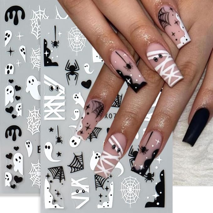 Halloween Nail Art Stickers Halloween Ghost Spider Web Nail Decals 6PCS Cute Ghost Love Heart Spider Web Boo Spider Blood Drip Self-Adhesive Nail Art Supplies Manicure Stickers for Holiday Nail Design