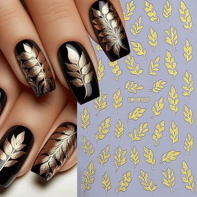 6Pcs Fall Nail Stickers 3D Gold Maple Leaves Nail Decals DIY Self Adhesive Autumn Gold Glitter Leaves Design Thanksgiving Nail Decoration Supplies Holiday Manicure Accessories for Women Girls