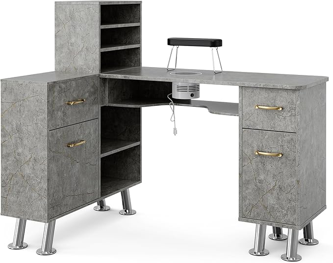Manicure Table with Shelves, L-Shaped Nail Table Station Marbling Texture w/Electric Downdraft Vent, Foldable Nail Arm Rest, Storage Cabinets, Drawers, Metal Handles & Legs for Nail Tech(Grey)