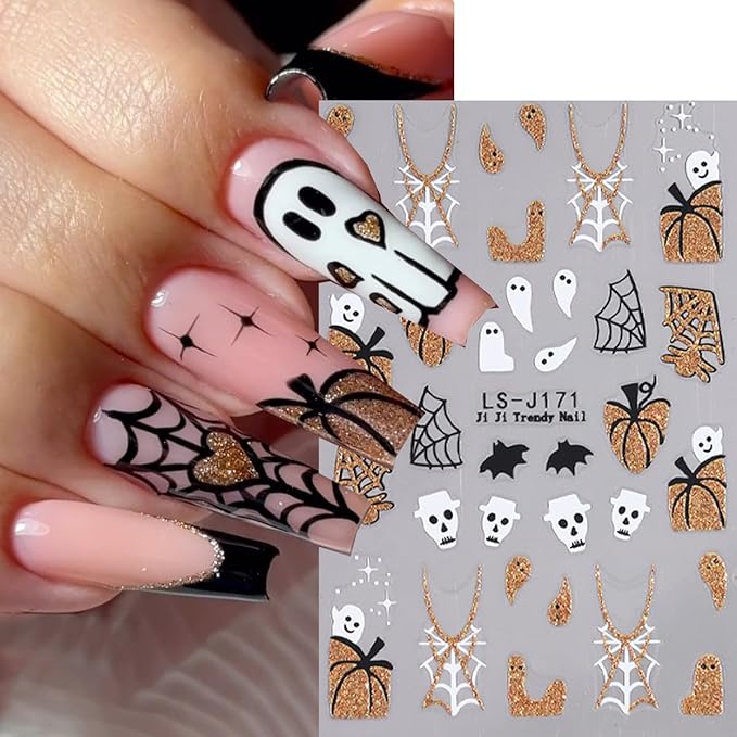 6 Sheets Silver Pumpkin Nail Art Stickers Halloween Nail Stickers Glitter Spider Web Nail Decals Bat French Tips Water Drop Gold Design Shine Sticker for Nail DIY Manicure Supplies for Women