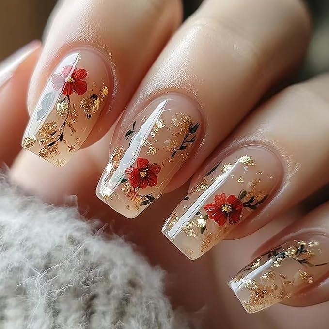 Press on Nails Medium Length Ballet Shaped Flower False Nails Gold Glitter Sequins Floral Design Full Cover Artificial Stick on Nails Glossy Reusable Glue on Nails for Women Manicure Decoration