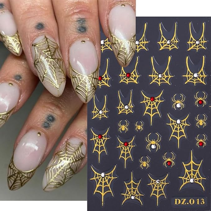 6 Sheets Halloween Scary Nail Stickers Gold Laser Silver White Nail Art Stickers Decals 3D Self-Adhesive Spider Web Bow Nail Decals for Women Halloween Party Nails Design Decoration Supplies
