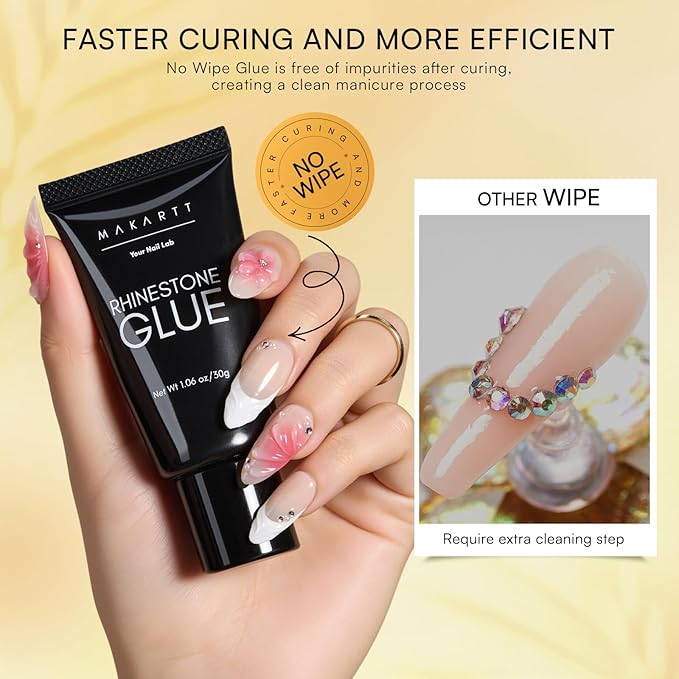 Makartt Nail Rhinestone Glue Gel Set: 60g 3D Super Strong No Wipe Nail Glue for Charms Gems Crystals Beads Decorations DIY Beginners & Salon UV Lamp Needed (2PCS Low & Medium Viscosity)