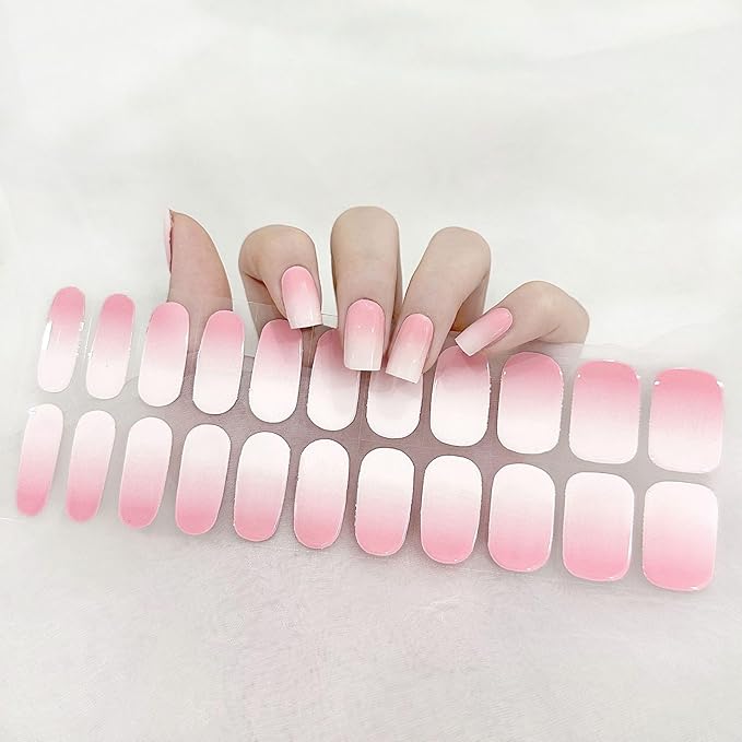 Semi Cured Gel Nail Strips Salon-Quality, Long Lasting Adhere Nail Art Stickers Decals (Gradient Pink)
