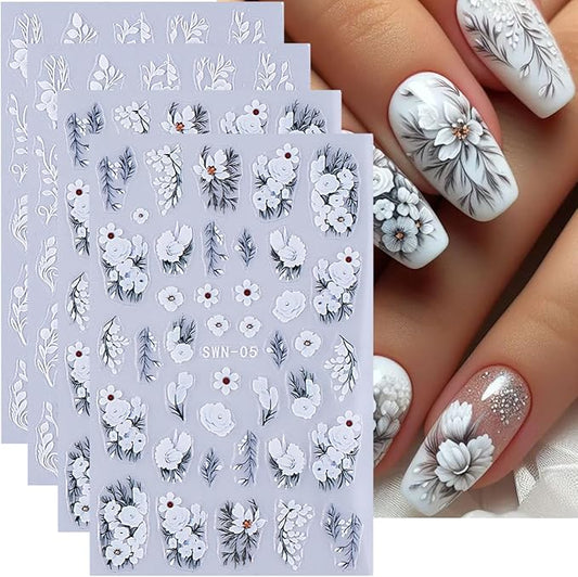 Flower Nail Art Stickers Decals 5D Embossed White Flowers Nail Decals 4PCS Floral Leaf Nails Design Adhesive Flower Stickers for Nails Manicure Accessories for Women Summer Fall Nail Art Decorations