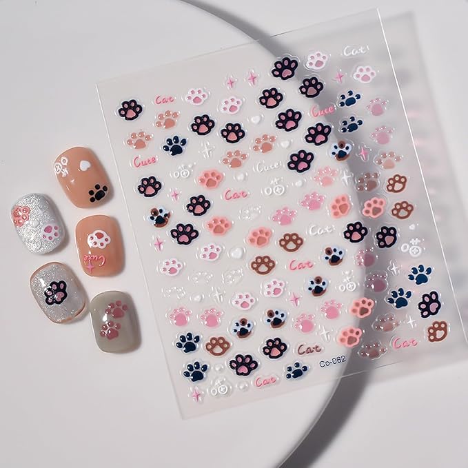 Cute Cat Claw Nail Stickers 5D Embossed Self-Adhesive Nail Decals with Cute Little Claw Animal Design Pink Jelly Nail Sticker for Star Sliders Decal DIY Manicure Decoration Accessories