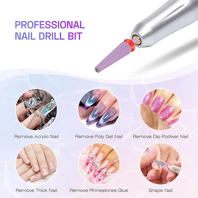 Depvko Super Long 5 in 1 Nail Drill Bits,Carbide Nail Drill Bit,3/32" Two Way Rotate Professional Drill Bit Nails,Nail Bits Fast Remove Acrylic or Gel for Manicure,Pedicure,Nail Art (Fine-F, Purple)
