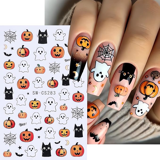 6Pcs Halloween Nail Stickers Butterfly Skull Nail Decals DIY Self Adhesive Cartoon Pumpkin Cat Ghost Web Nail Design Halloween Nail Decoration Supplies Holiday Manicure Accessories for Women Girls