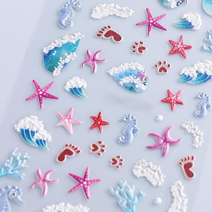 1 Sheets Ocean Style Nail Decals for Nail Art Embossed Coral Seahorse Starfish Nail Art Stickers Summer Beach Nail Stickers 5D Self-Adhesive Sea Waves Nail Decoration for Women Nails Designs