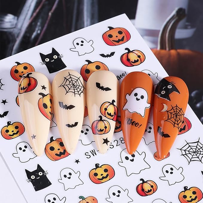 Halloween Nail Art Stickers Decals Ghost Pumpkin Halloween Design Nail Decals 3D Self-Adhesive Nail Art Supplies 6PCS Mushroom Ghost Moon Pumpkin Nails Deign Stickers for Women DIY Nail Decorations