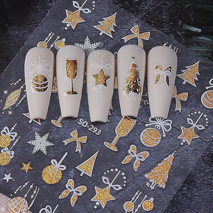 6Pcs Christmas Nail Stickers 3D Red Golden Christmas Tree Nail Stickers for Nail Art DIY Self Adhesive Nail Decals Bow Snowflake Nail Decoration Supplies Holiday Manicure Accessories for Women Girls