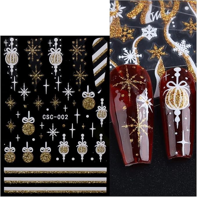 JMEOWIO 8 Sheets Christmas Glitter Nail Art Stickers Decals Self-Adhesive Snowflake Winter Holiday Cute Nail Supplies Nail Art Design Decoration Accessories