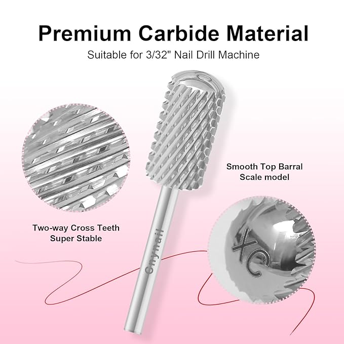3/32" Large Barrel Smooth Round Top Tungsten Carbide Nail Drill Bit Safety Bit for Gel & Acrylic Removal, 2-Way Rotating Efile Tip, Salon Electric File Accessory (XC Grit, Silver)