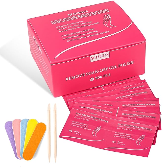 MAYEEN Nail Polish Remover Pads 200 Pack Quickly Remove Nail Polish Wipes Individually Wrapped Acetone Gel Nail Polish Remover Pads For Gel & Acrylic Nails Moisturizing & Gentle Travel Pad