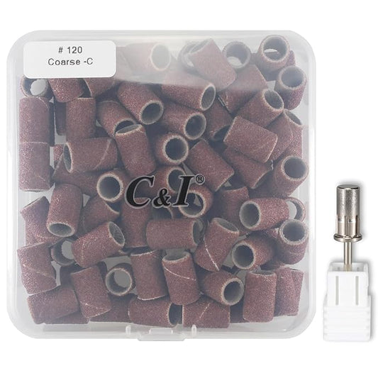 C & I Nail Sanding Bands 100 PCS Plus Upgrade Mandrel 1 PC, Nail Drill Bits for Acrylic Gel Nails Remove, Natural Nails Buffer for Nail Prep and Nail Shiner (Brown, #120 Coarse)