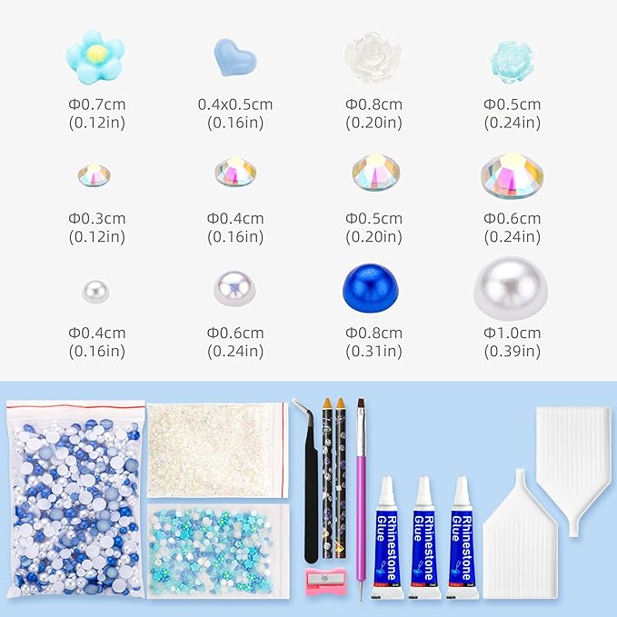 160g Blue White Flat Back Pearls Rhinestones with Gel for Crafts Mixed Size 3mm-10mm AB Color Round Half Pearls Flatback Pearl Beads and Resin Rhinestones Set for Face Art