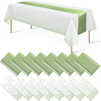 16Pack Plastic Tablecloths and Satin Table Runner Set Disposable White and Sage by MASHAN