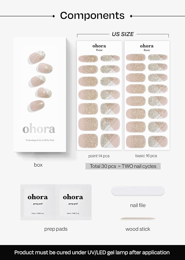 ohora Semi Cured Gel Nail Strips (N Golden Glint) - Nude/White Works with Any UV/LED Lamps, Salon-Quality, Long Lasting, Easy to Apply & Remove - Includes 2 Prep Pads, Nail File & Wooden Stick