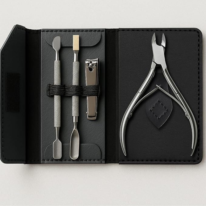 UM Supplies Cuticle Nipper with 2 Pushers and Nail Cutter 4 Pieces Travel Set Stainless Steel | Manicure Pedicure Tool for Nail Care 1/2 Jaw 14 (5mm) Double Spring