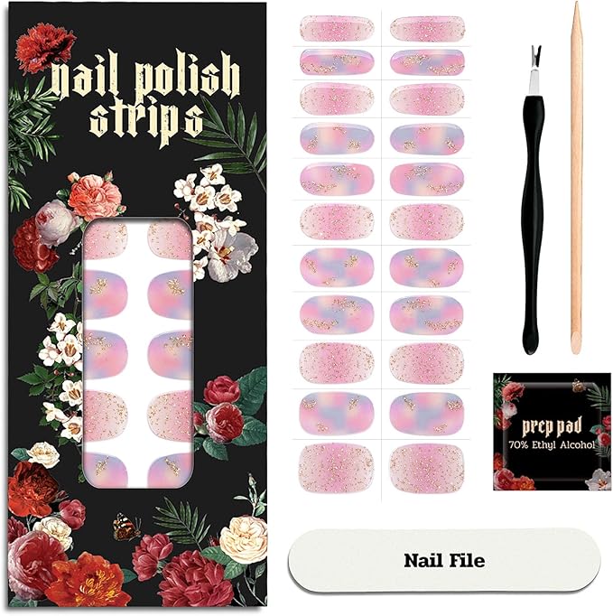 Nail Polish Strips - 22 Pcs Salon Quality Gel Nail Stickers - Long Lasting Wraps (Iridescent Jellfish Pink&Blue)