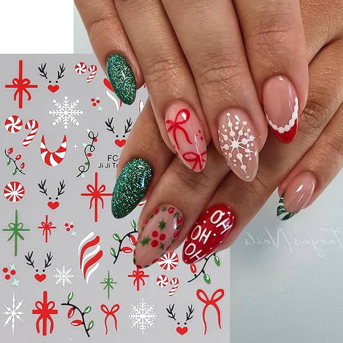 Christmas Nail Stickers for Nail Art, French Gift Bow Snowflake Nail Art Stickers 6PCS Colorful Light Candy Cane Deer HoHo Xmas Nails Design Adhesive Decals for Acrylic Nails DIY Manicure Decorations