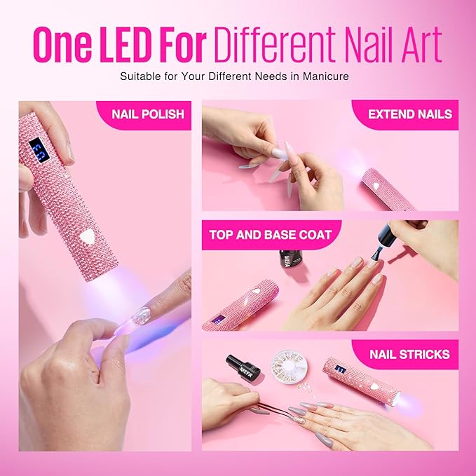 MEFA UV Light for Gel Nails, Pink Glitter Handheld Nail Lamp Visible LED Timer Touch Screen, Cordless Nail Light for Gel Nail Polish Stickers Strips, Gifts for Women
