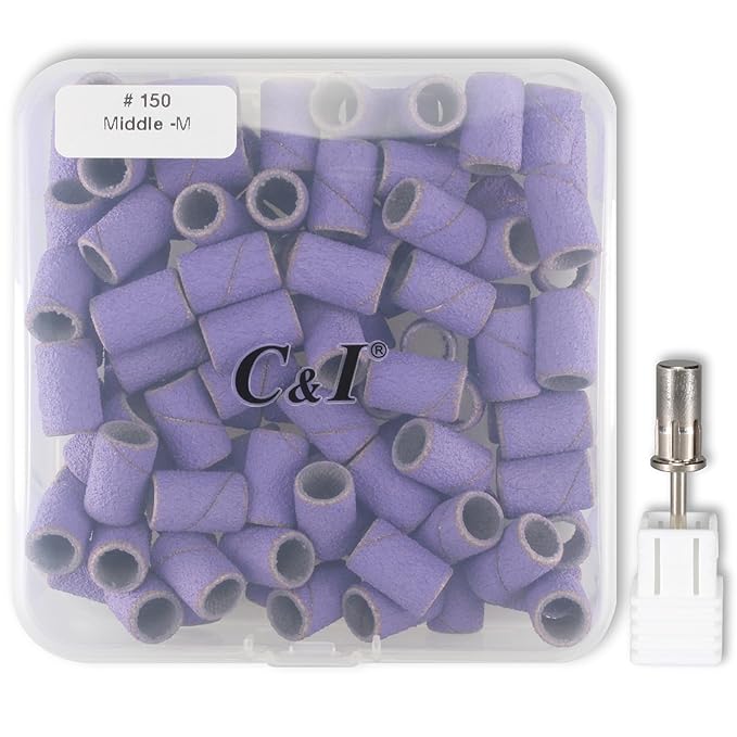 C & I Nail Sanding Bands 100 PCS Plus Upgrade Mandrel 1 PC, Nail Drill Bits for Acrylic Gel Nails Remove, Natural Nails Buffer for Nail Prep and Nail Shiner (Purple, #150 Middle)
