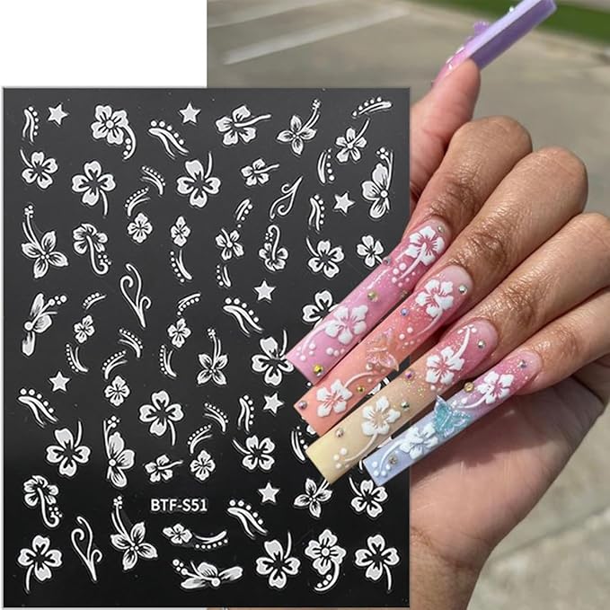 6 Sheets Flower Nail Stickers for Nail Stickers,Self Adhesive Hibiscus Nail Art Stickers 3D Pink White Silver Gold Flower Nail Design Stickers Summer Floral Nail Decals for Women Girls Nail Supplies