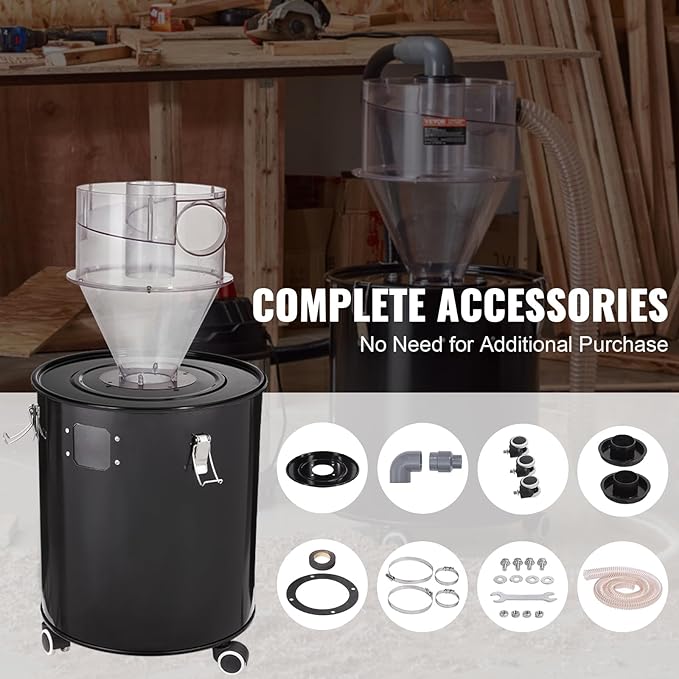 VEVOR Cyclone Dust Separator with Metal Tank, 4" Retrofit Cyclone Separator for Dust Collectors, ABS Material With 2" Hole O.D. Connector & Hose for Wet/Dry Shop Vacuums, Fits 13.21 Gallon Tank