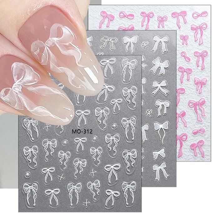 3 Sheets Embossed Bow Nail Decals for Nail Art Pink White Bows Nail Stickers Cute Bow Ribbon Nail Designs Supplies 5D Self-Adhesive Bow-Knot Nail Art Stickers for Women Girls Manicure Decor