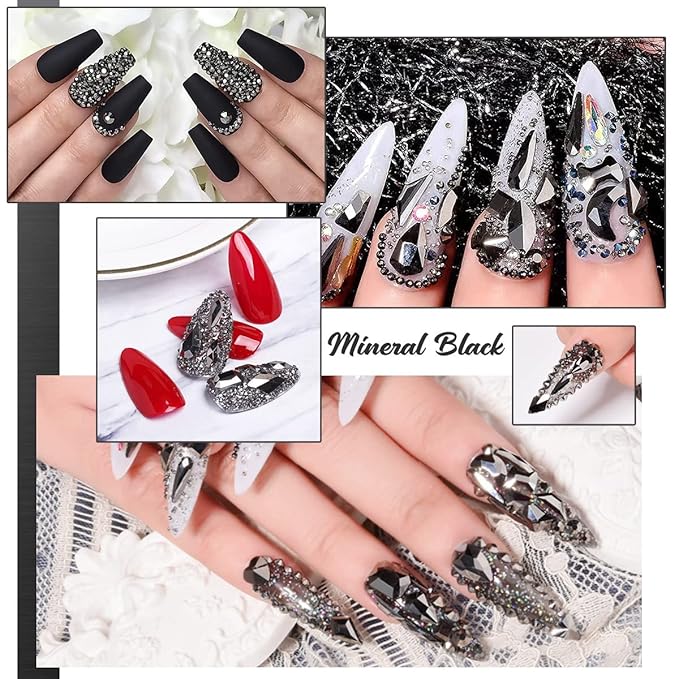 Mine Black Nail Rhinestones Multi Shapes Metallic Black Rhinestones for Nails Flatback Nail Gems K9 Glass Round Beads Stones Diamonds Nail Charms Art for Nails Faces Eyes Makeup Crafts DIY