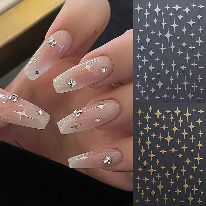 6 Sheets Heart Shaped Nail Art Stickers 3D Laser Star Shape Nail Stickers Self-Adhesive Gold and Silver Heart Shape Design Decals Four Pointed Star Women's Nail Decoration