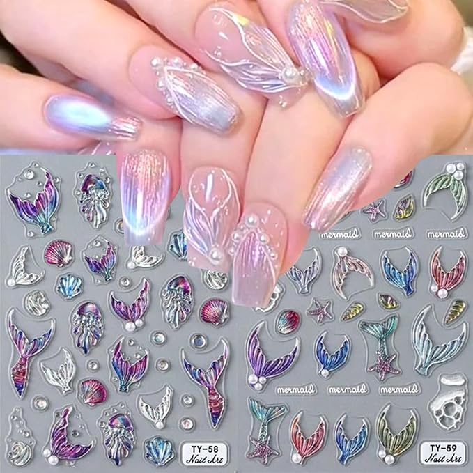 Colorful Mermaid Tail Nail Art Stickers 5D Embossed Ocean Fish Tail Nail Decals with Pearl Design Nail Sticker Self-Adhesive Seashell Starfish Nail Decal Summer Sea Nails Supply for Women Nails Decor