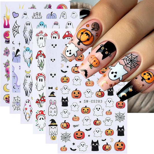 Halloween Nail Stickers for Nail Art 3D Cute Ghost Pumpkin Halloween Nail Decals Nail Art Supplies 6PCS Ghost Skull Black Cat Flame Pumpkin Nails Design Manicure Stickers for Nails DIY Decoration