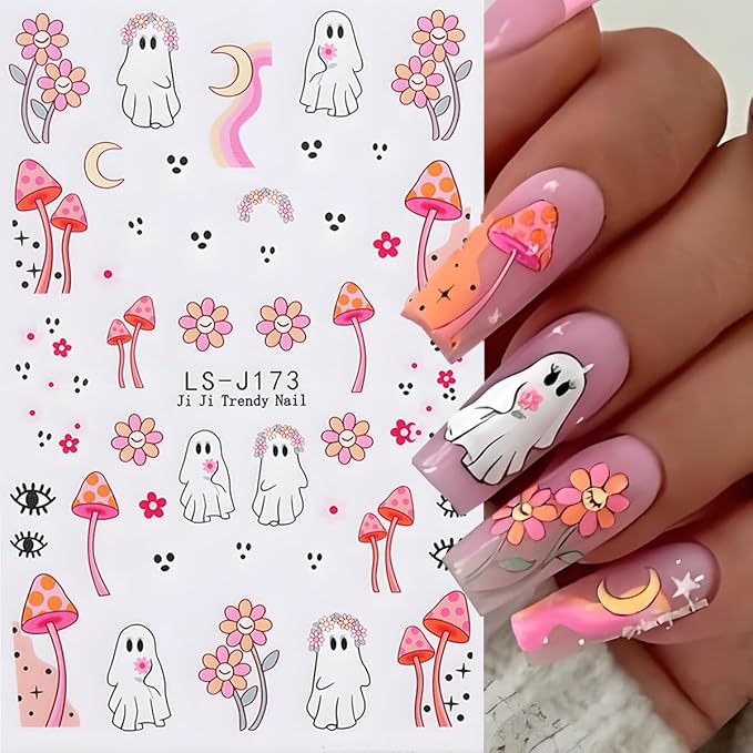Halloween Nail Art Stickers 3D Pumpkin Flower Ghost Nail Stickers 6PCS Skull Ghosts Virus Leaf Bat Halloween Nails Design Adhesive Decals Manicure Nail Art Accessories Sliders for Women DIY Nail Art