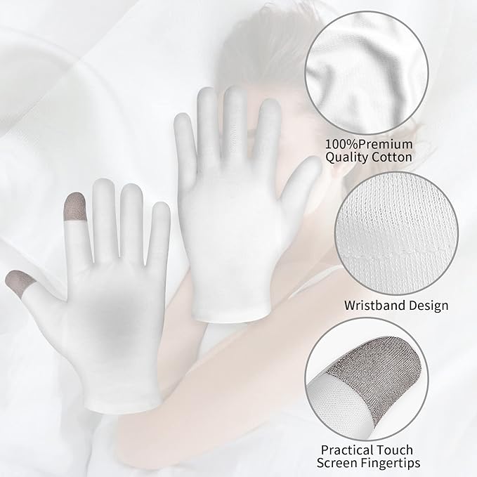 4 Pairs Touch Screen Moisturizing Gloves White Cotton Moisturizing Gloves Overnight Bedtime Heal Eczema Sleeping Lotion Hand Spa Treatment Gloves Repair Rough Cracked Dry Chapped Hands Skin(White)