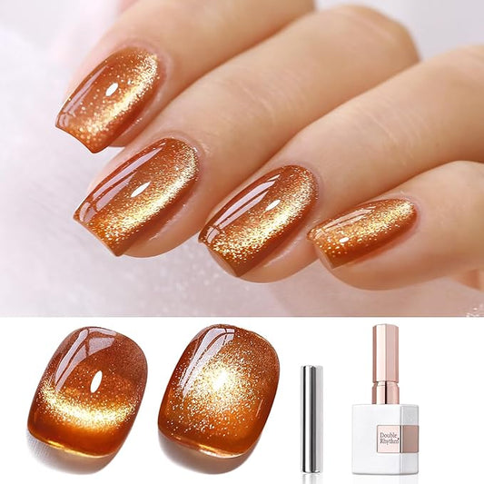 Double Rhythm 0.5 OZ Cat Eye Gel Polish with Magnet 15ML Holographic Glitter Shimmer Translucent Jelly Color Magnetic Gel Polish Salon DIY at Home (Brown-MC1030)