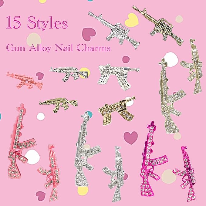 54PCS Gun 3D Nail Charms for Acrylic Nails, Gold Silver Pink Alloy Nail Gems Gun Nail Accessories, Nail Rhinestones for Nail Art Supplies Manicure Craft DIY, Medium