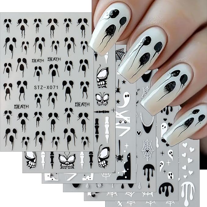 6 Sheets Halloween Nail Art Stickers 3D Self Adhesive Cute Nail Stickers Halloween Nail Art Decals Ghost Spider Web Butterfly Heart Nails Design Manicure Decorations for Women DIY Nail Supplies