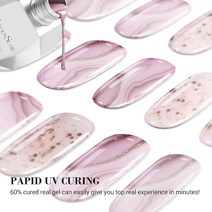 MelodySusie Semi Cured Gel Nail Strips (Pink Glitter Marble), Works with Nail lamp, Salon Quality, Long Lasting, Easy to Apply and Remove, Includes 20Pcs, 2 Prep Pads, Nail File and Wooden Stick