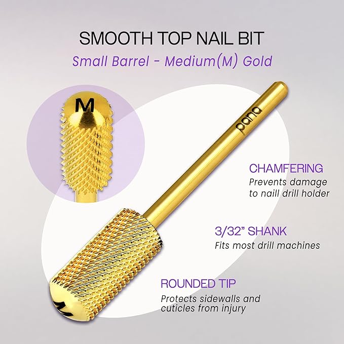 PANA 3/32" Shank Size Smooth Top Small Barrel Carbide - Nail Drill Bit for Dremel Machine Manicure Pedicure Nail Salon Tools Gel Polish & Acrylics Removal (Gold, Medium)