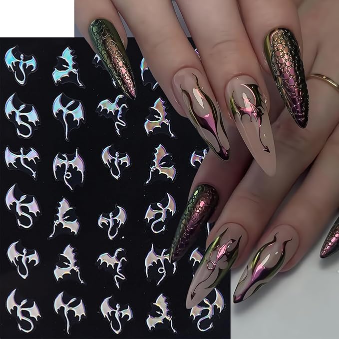 6Pcs Halloween Nail Art Stickers 3D Holographic Flying Dragon Nail Decals Self Adhesive Horror Bat Nail Stickers Gothic Bat Nail Supplies Halloween Holiday Decoration Nails Supply for Women DIY