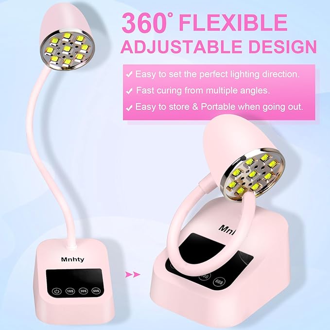 U V LED Nail Lamp, Goose Neck Flash Cure Lamp 27W Rechargeable Mini U V Light for Gel Nails, Cordless Flash Cure Light with 3 Timers&Sensor, Fast Curing Gooseneck Lamps for Gel X, Pink