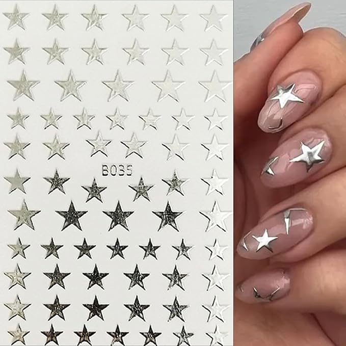 8 Sheets Glitter Stars Nail Art Stickers 3D Self Adhesive Shiny Glitters Starlight Nail Decals Holographic Black White Gold and Silver Pentagram Design Decal for Woman DIY Manicure Decoration