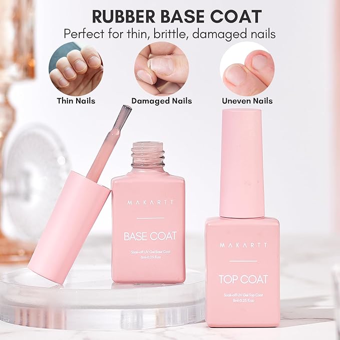 Makartt Rubber Base and Top Coat Gel Nail Polish Set: Includes Pale Petal Base Gel Polish and Long-Lasting Clear No Wipe Top Coat UV LED Lamp Needed (2PCS x 8ML)