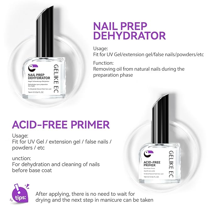 Nail Repair Prep Dehydrator and Primer Kit - Gelike EC Acid-Free Fast Air Dry for Bond Acrylic Gel Tips - Safe Healthy Foundation for Weak Thin Nails - Long Lasting for Professional Salon Manicure