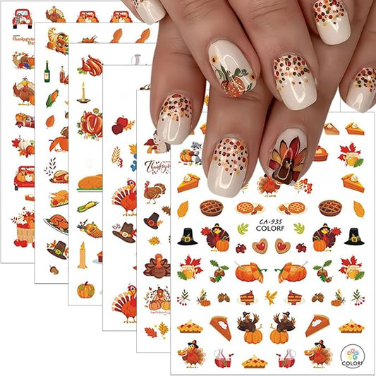6Sheets Fall Nail Stickers 3D Cute Turkey Pumpkin Nail Decals Self Adhesive Thanksgiving Nail Art Stickers Autumn Maple Leaf Nail Decoration Accessories Squirrel Manicure Supplies for Women DIY